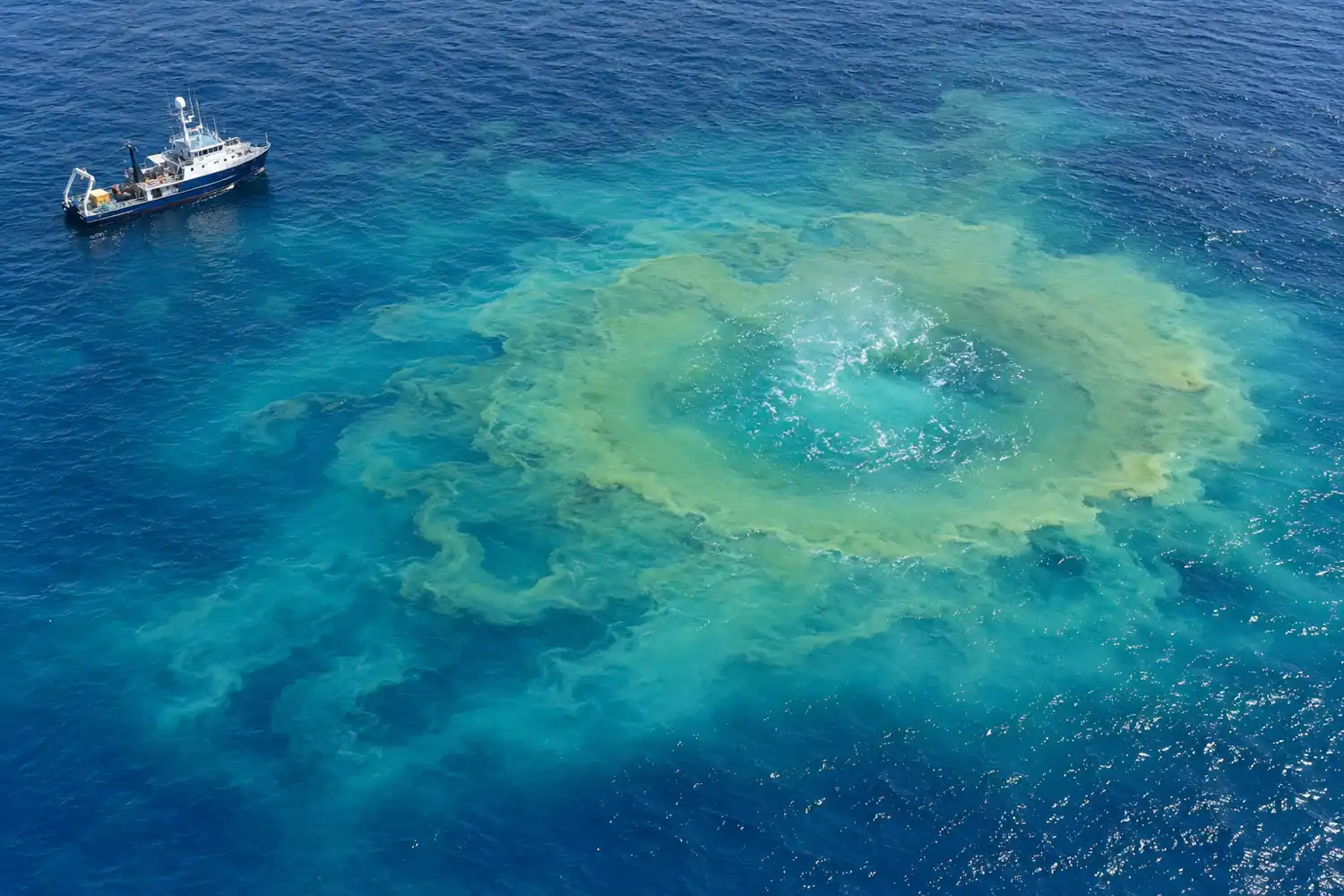Aerial reconstruction of yellow-green discolored water above Kavachi submarine volcano