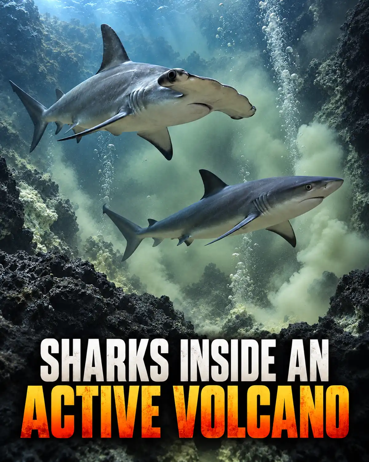 Scalloped hammerhead and silky shark swimming inside Kavachi’s volcanic crater