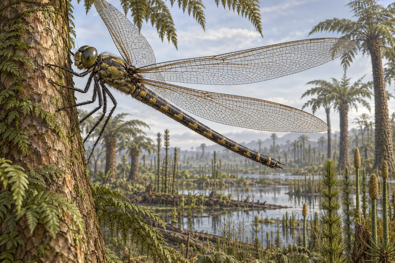 Side view reconstruction of Meganeura perched in a Carboniferous wetland