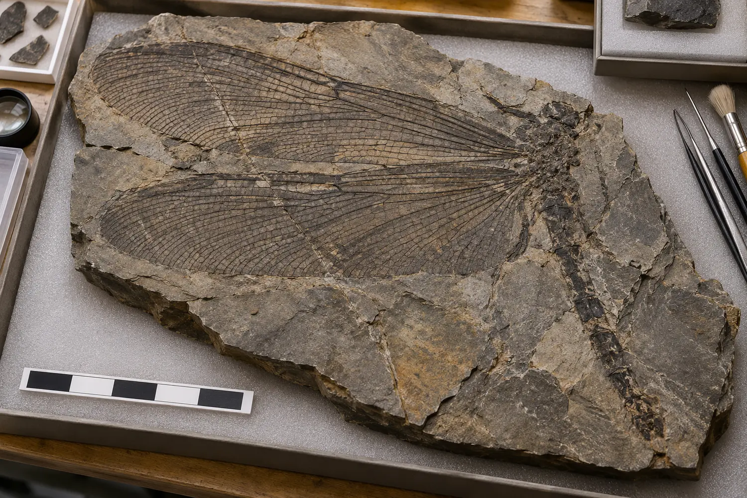 Educational reconstruction of a large griffinfly wing fossil on a museum preparation tray
