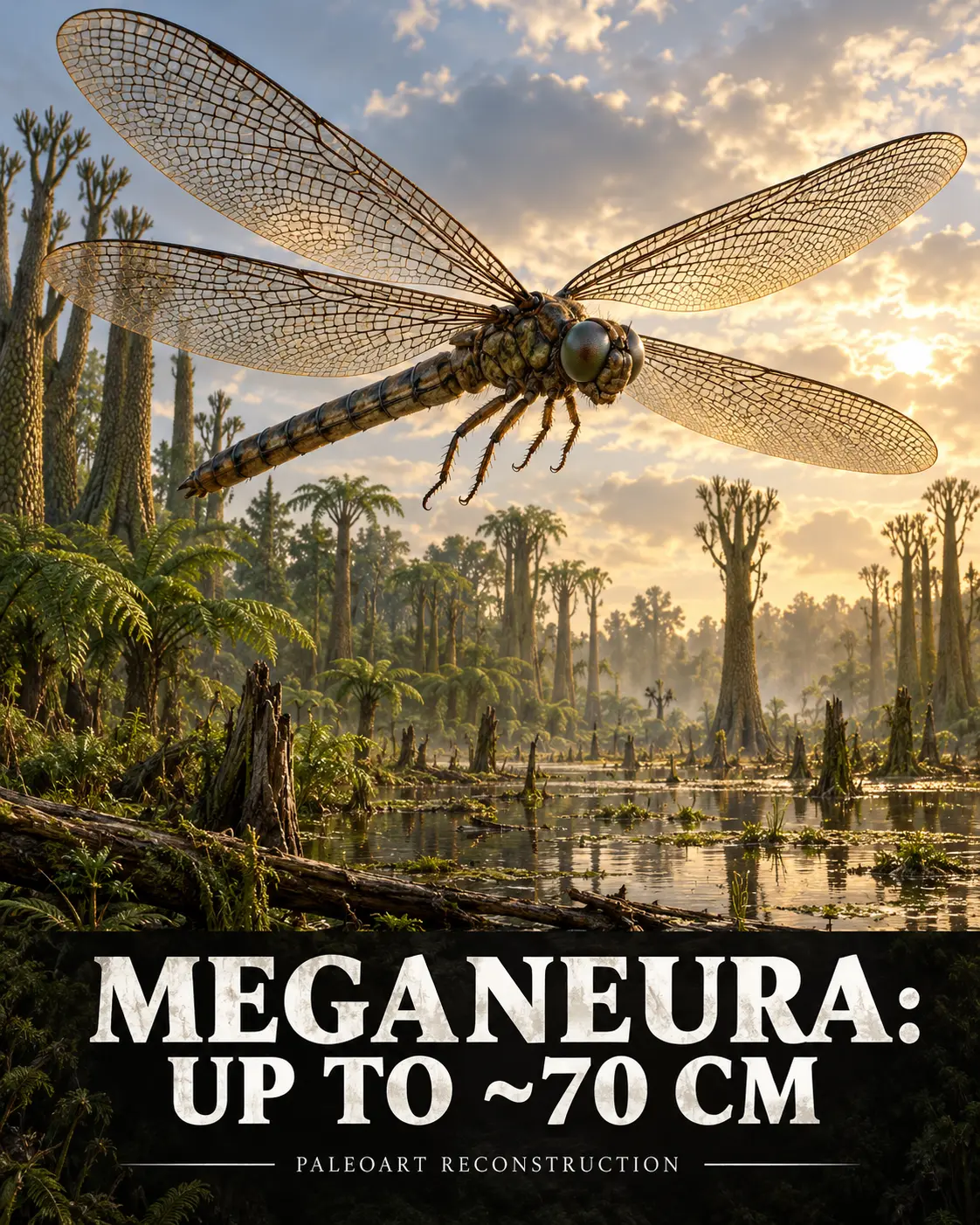 Paleoart reconstruction of Meganeura flying above a Carboniferous wetland