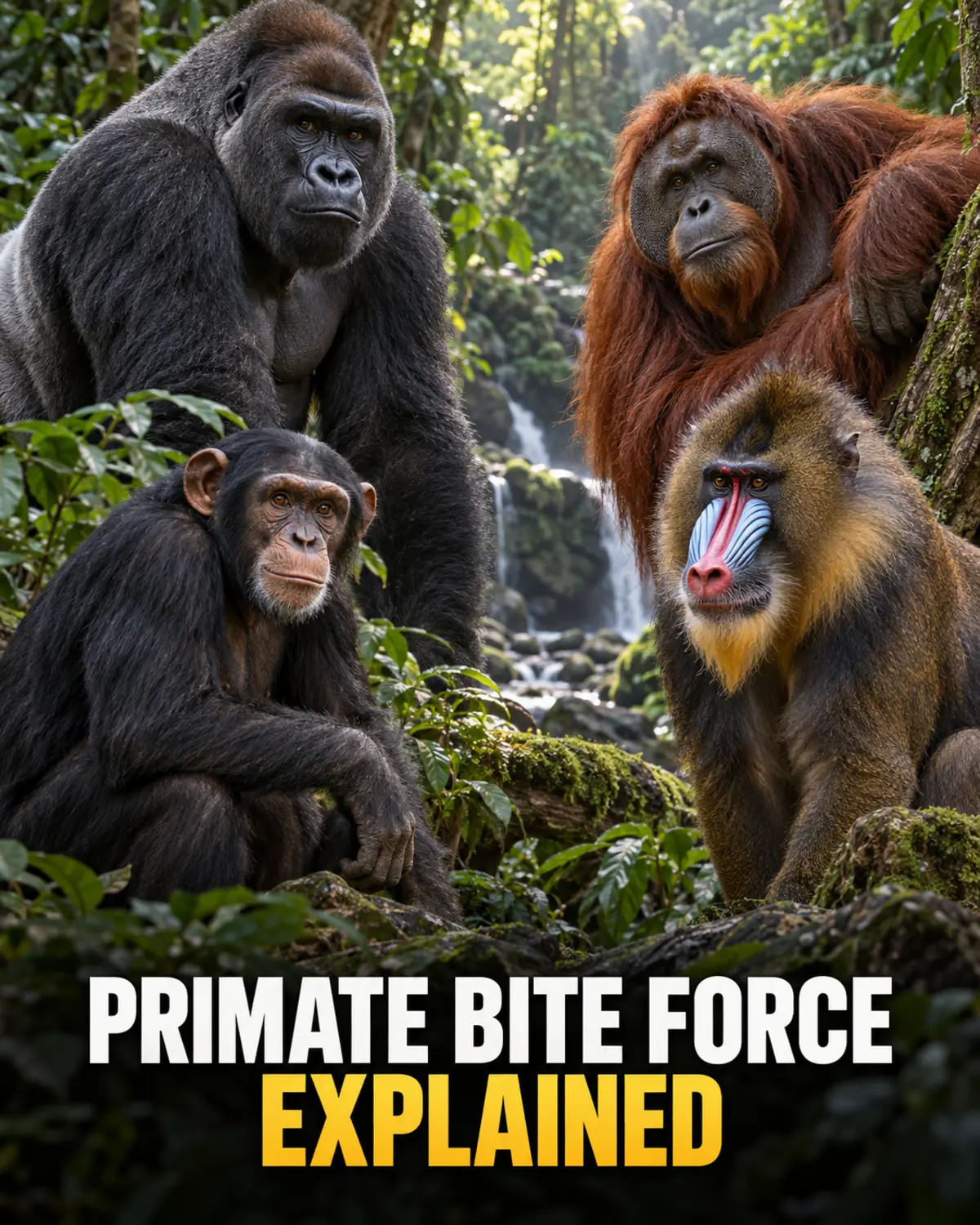 Gorilla, chimpanzee, orangutan and mandrill in an educational primate bite force comparison