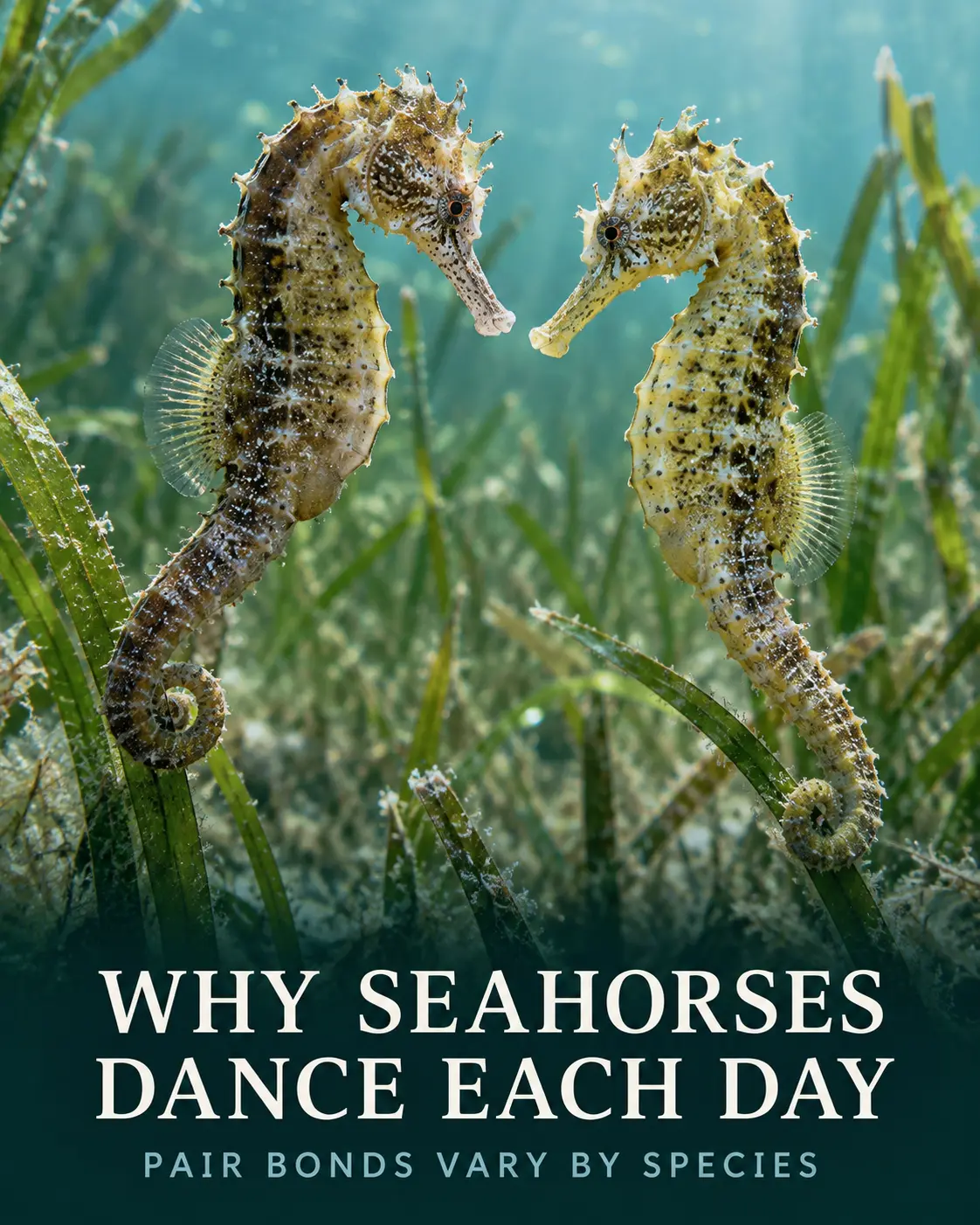 Two seahorses facing one another above seagrass during a courtship display