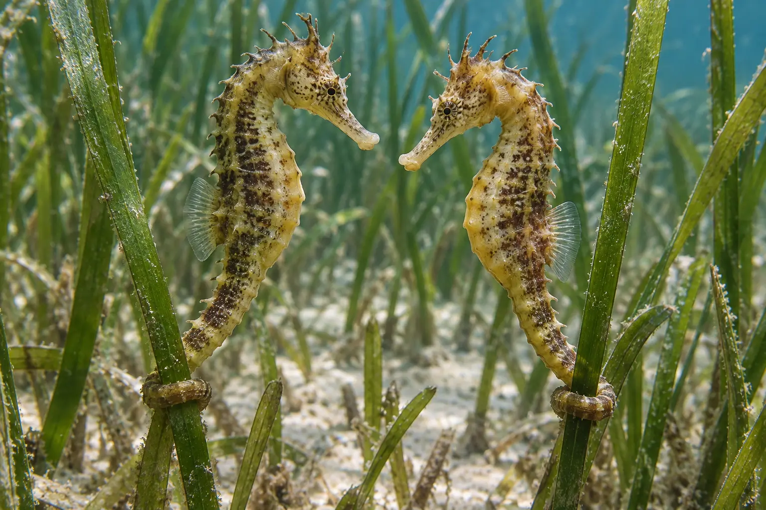 Two seahorses facing each other while holding seagrass