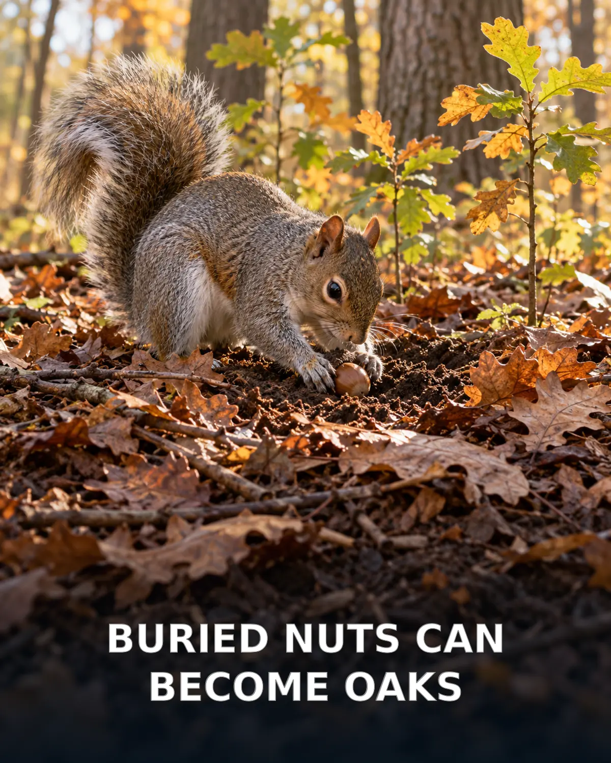 Gray squirrel burying an acorn among autumn leaves in an oak forest