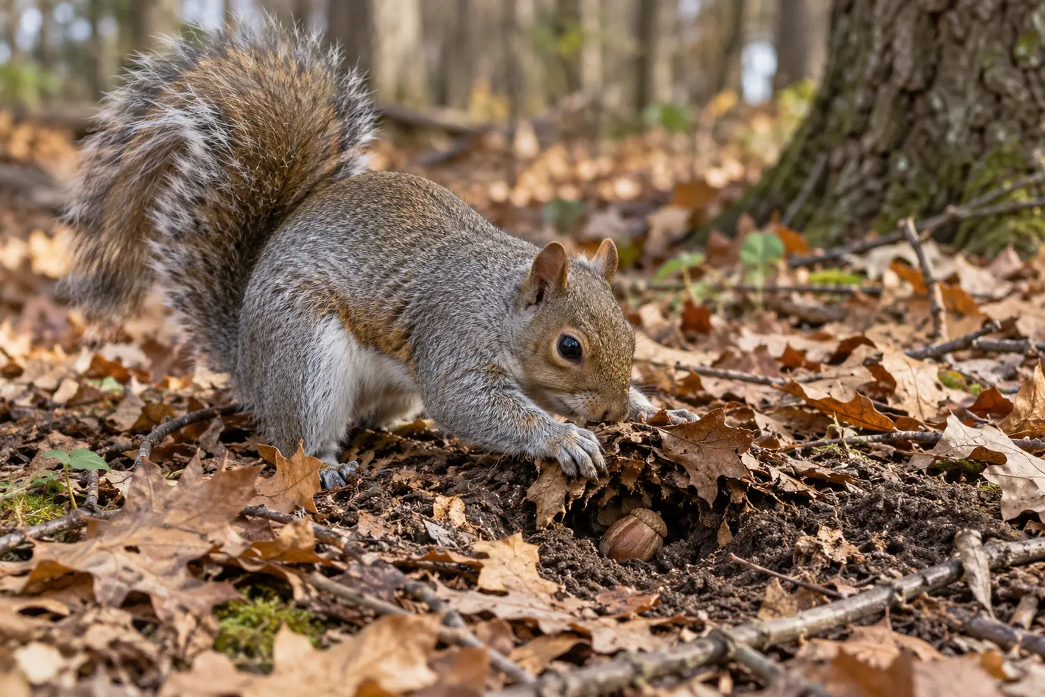 Gray squirrel covering an acorn in a shallow cache beneath oak leaves