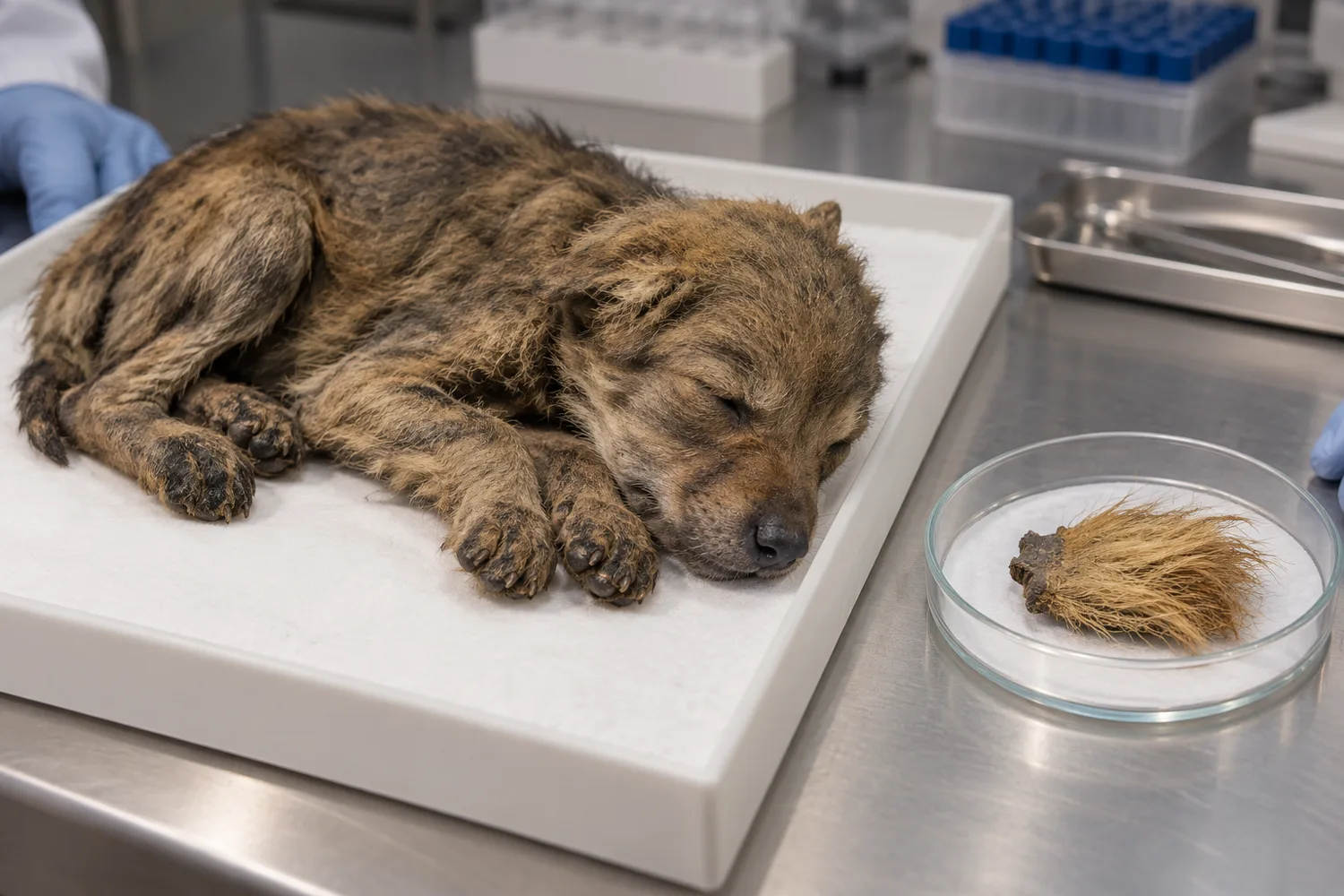 Reconstruction of the Tumat wolf pup beside a small furred tissue sample in a laboratory
