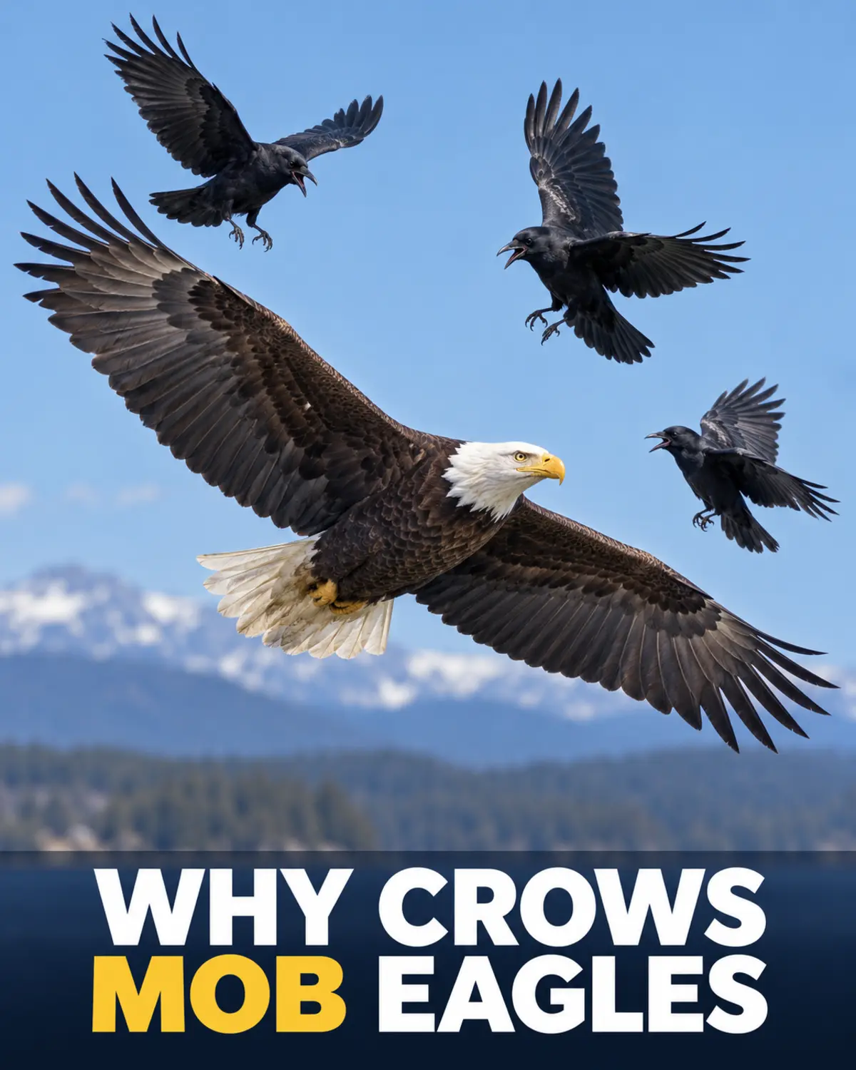 Three American crows mobbing a flying bald eagle