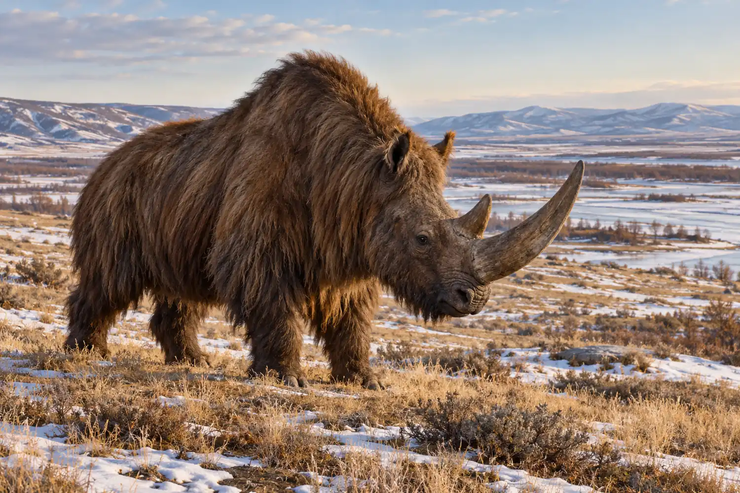 Reconstruction of a shaggy woolly rhinoceros walking across a cold open steppe