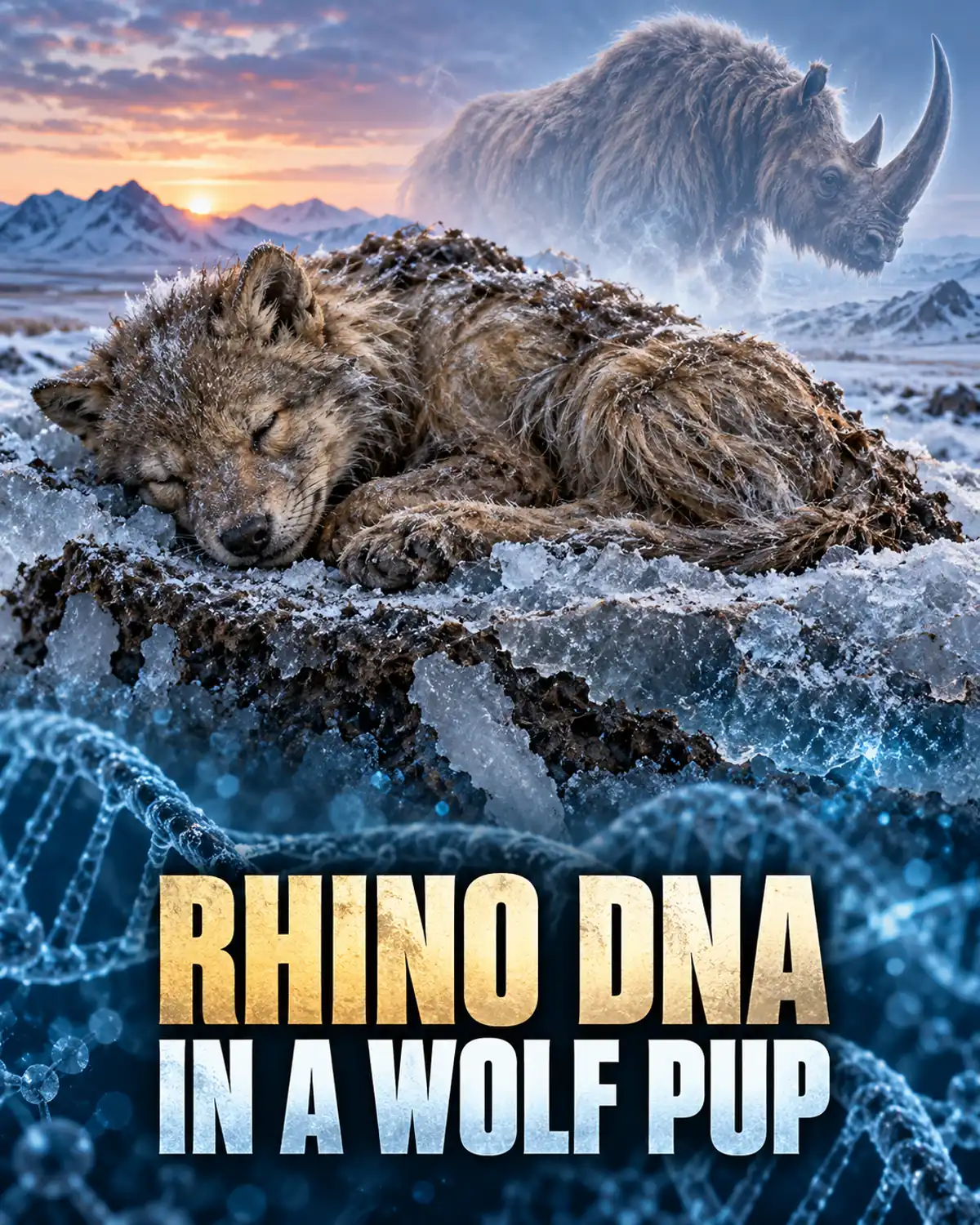 Mummified Ice Age wolf pup with a reconstructed woolly rhinoceros and DNA motif